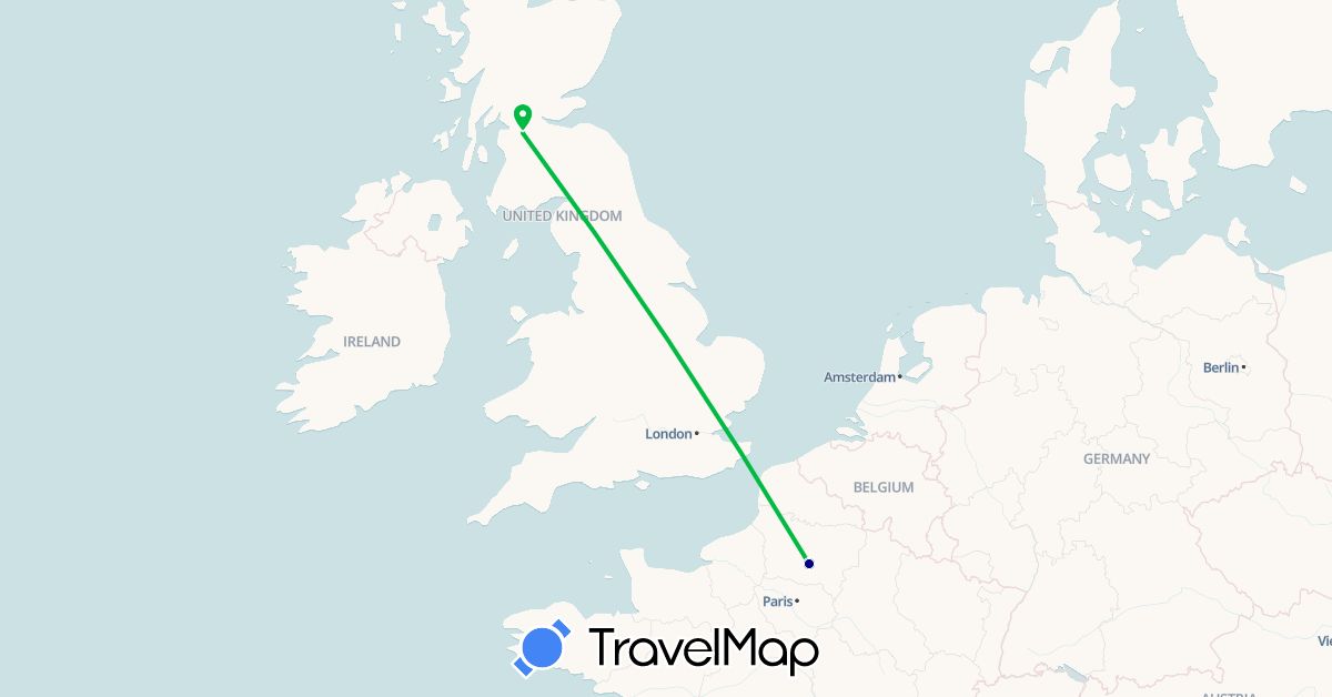 TravelMap itinerary: driving, bus in France, United Kingdom (Europe)